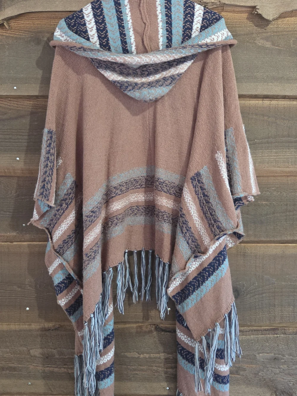 Easel Rust Hooded Fringe Wrap with Blue and Cream Stripes Western Native Indian